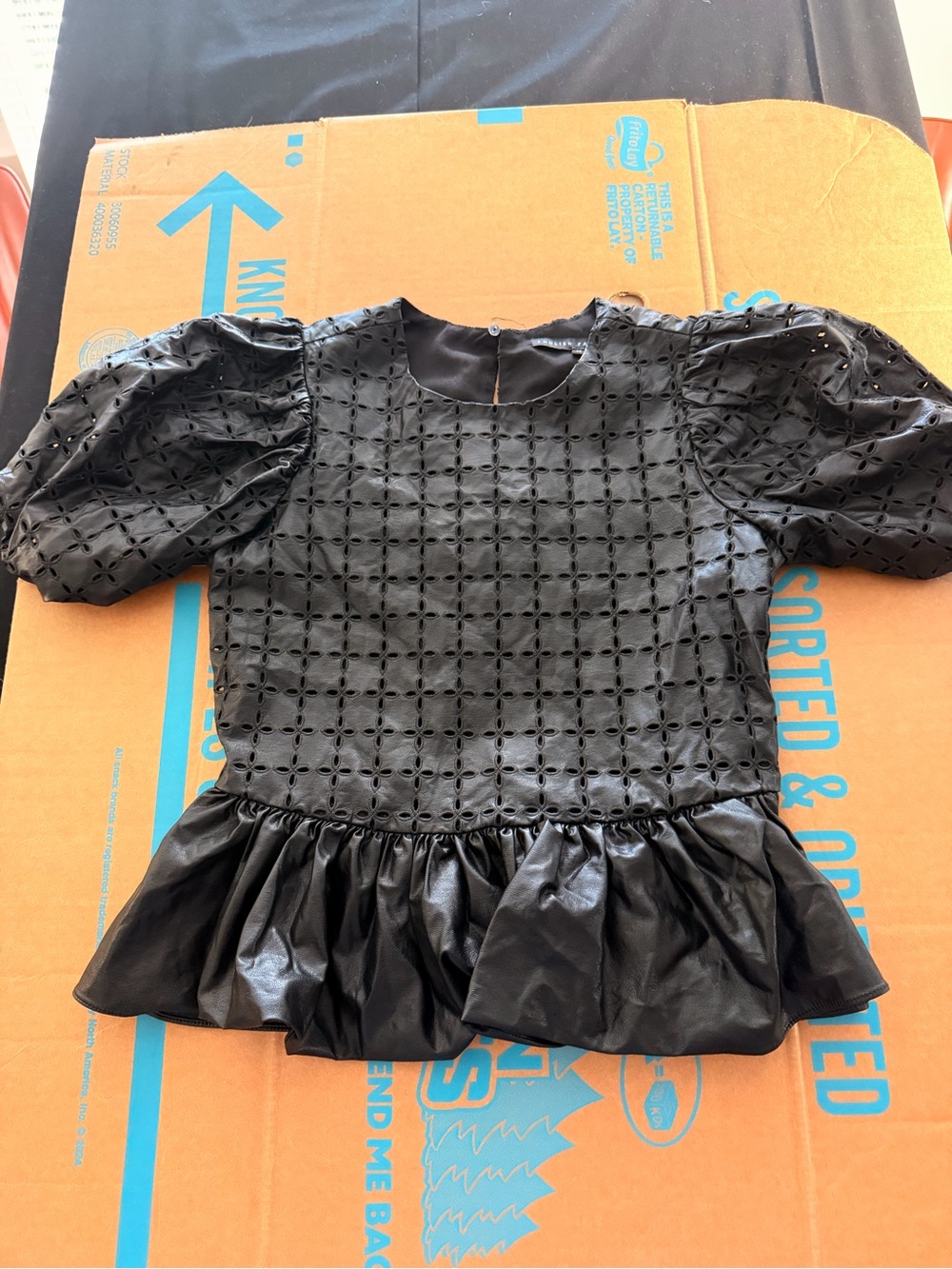 English Factory Black Faux Leather Eyelet Puff Sleeve Peplum Top Size XS